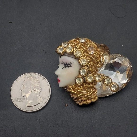 Rhinestone Egyptian Lady Head Brooch Handcrafted Artisan Linda Rosshirt - Picture 8 of 9